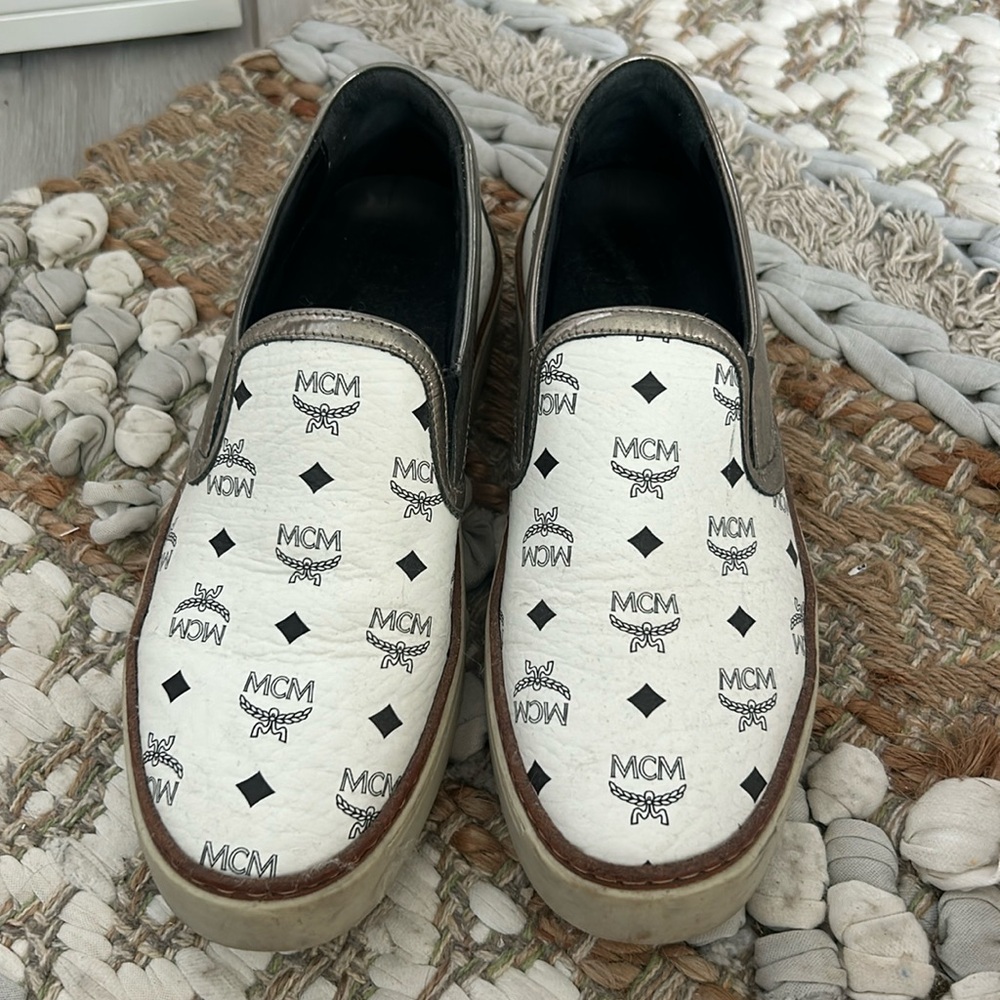 MCM White Visetos Coated Canvas Monogram Slip-On Sneakers Size 7